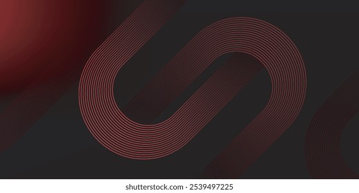 Abstract red glowing geometric lines on black background. Modern shiny red diagonal rounded lines graphic design.