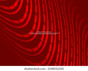 Abstrakte rot leuchtende geometrische Linien auf rotem Hintergrund. Modernes Muster glänzender roter Wellenlinien. Futuristisches Technologiekonzept, geeignet für Cover, Plakate, Banner, Broschüren, Websites usw.