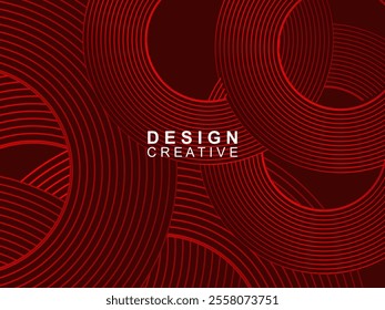 Abstract red glowing geometric lines on dark red background. Modern shiny red circle lines pattern. Futuristic technology concept, perfect for covers, posters, banners, brochures, websites, etc.