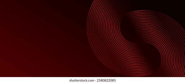 Abstract red glowing geometric lines on black background. Modern shiny red diagonal rounded lines graphic design. Futuristic concept. Suit for poster, banner, brochure, cover, presentation, website