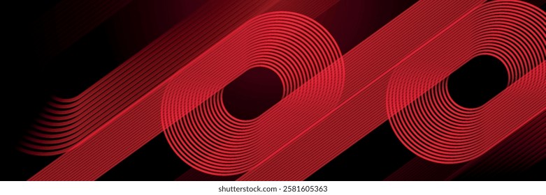 Abstract red glowing geometric lines on black background. Modern shiny red diagonal rounded lines 