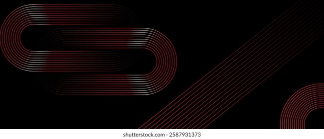 Abstract red glowing geometric lines on black background. Modern gold diagonal rounded lines pattern. Horizontal banner template. Vector illustration.