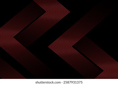 Abstract red glowing geometric lines on black background. Modern gold diagonal rounded lines pattern. Horizontal banner template. Vector illustration.