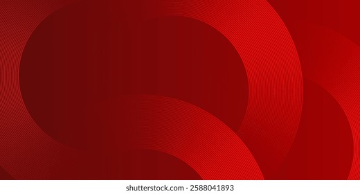 Abstract red glowing geometric lines on dark red background. Modern shiny red circle lines pattern. Futuristic technology concept. Suit for cover, poster, banner, brochure, header, website