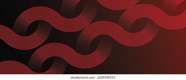 Linhas geométricas brilhantes em vermelho abstrato sobre fundo preto. Design gráfico de linhas arredondadas diagonais vermelho brilhante moderno.