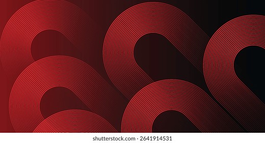 Abstract red glowing geometric lines on black background. Modern shiny red diagonal rounded lines graphic design.