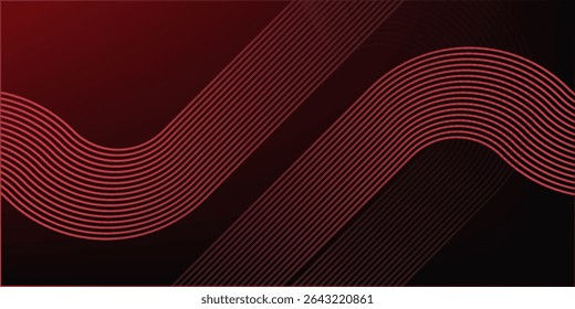 Abstract red glowing geometric lines on black background. Modern shiny red diagonal rounded lines graphic design.