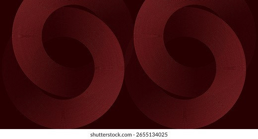 Abstrakte rot leuchtende geometrische Linien auf dunkelviolettem Hintergrund. Modernes glänzendes rotes Kreislinienmuster. Futuristisches Technologiekonzept.
