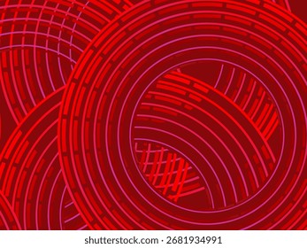 Abstract red glowing geometric lines on dark red background. Modern shiny red circle lines pattern. Futuristic technology concept, perfect for covers, posters, banners, brochures, websites, etc.