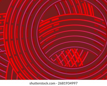 Abstrakte rot leuchtende geometrische Linien auf dunkelrotem Hintergrund. Modernes glänzendes rotes Kreislinienmuster. Futuristisches Technologiekonzept, perfekt für Cover, Poster, Banner, Broschüren, Websites usw.