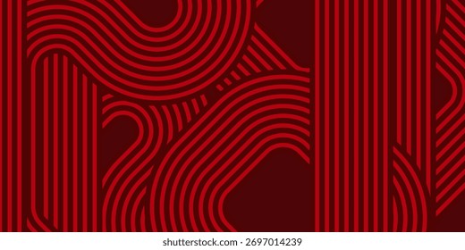 Abstract red glowing geometric lines on dark red background. Modern shiny red circle lines pattern. Futuristic technology concept, perfect for covers, posters, banners, brochures, websites, etc.