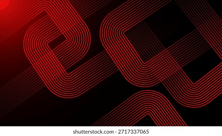 Abstract red glowing geometric lines on black background. Modern gold diagonal rounded lines pattern. Horizontal banner template. Vector illustration.