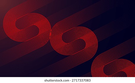 Abstractas líneas geométricas brillantes rojas sobre fondo negro. Moderno patrón de líneas redondeadas diagonales doradas. Plantilla Horizontal de Anuncio. Ilustración vectorial.