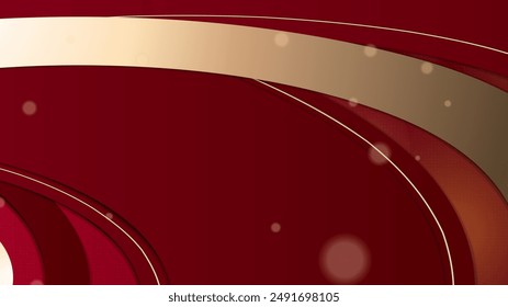 Abstract red and gold background with geometric line, halftone, and 3D curve wave