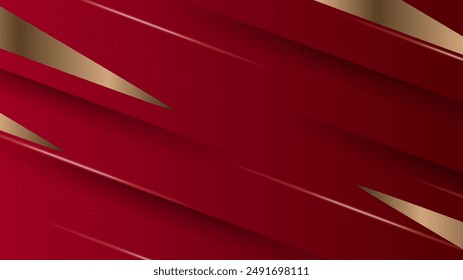 Abstract red and gold background with geometric line, halftone, and 3D curve wave