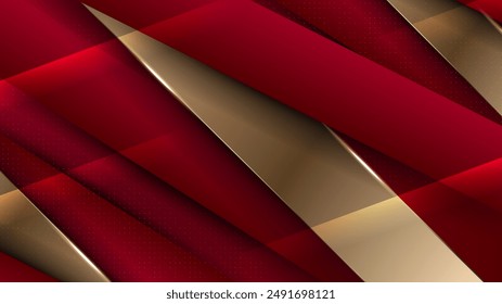 Abstract red and gold background with geometric line, halftone, and 3D curve wave