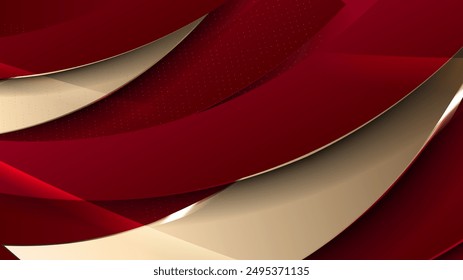 Abstract red and gold background with geometric line, halftone, and 3D curve wave