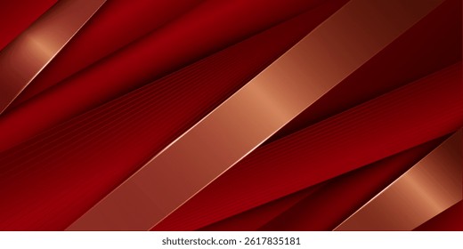 Abstract red and gold background with geometric lines, and 3D curved waves.vector eps10