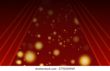 Abstract red and gold celebratory background with curtains and festive lights. Elegant grand opening vector banner with bokeh and gold lines. Luxury theatrical stage concept for event invitation or holiday celebration.