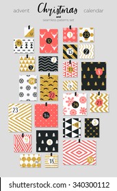 Abstract red and gold colored twenty four various seamless patterns set. Count down till christmas. Advent calendar. Vector