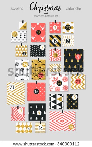 Abstract red and gold colored twenty four various seamless patterns set. Count down till christmas. Advent calendar. Vector