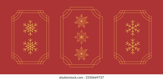 abstract red gold frames. geometric star texture background. traditional snowflakes pattern set. Christmas styled concept.