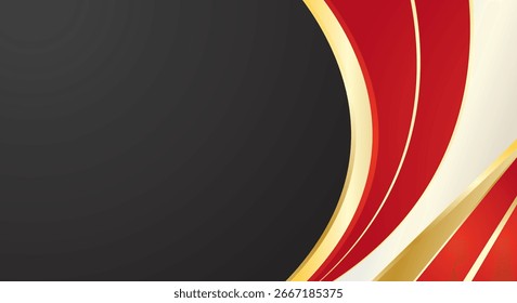 Abstract red gold gradient curved shapes on black luxury background