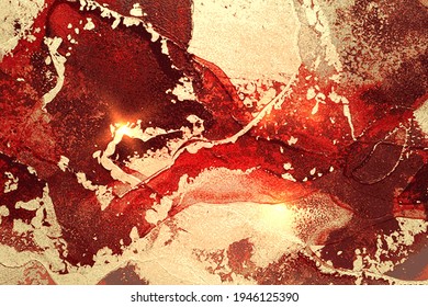 Resumen de mármol rojo y dorado con chispas. Fondo vectorial en la técnica de tinta alcohólica. Pintura moderna con brillo. Plantilla para banner, diseño de afiches. Pintura de arte fluido
