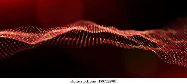 Resumen de fondo de partículas rojas y doradas. Ola de flujo con paisaje de puntos. Estructura de datos digitales. Malla futura o rejilla de sonido. Visualización de puntos de patrón. Ilustración vectorial de tecnología.