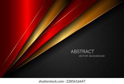 Abstract red and gold polygon with golden lines on dark steel mesh background with empty space for design. modern technology innovation concept background
