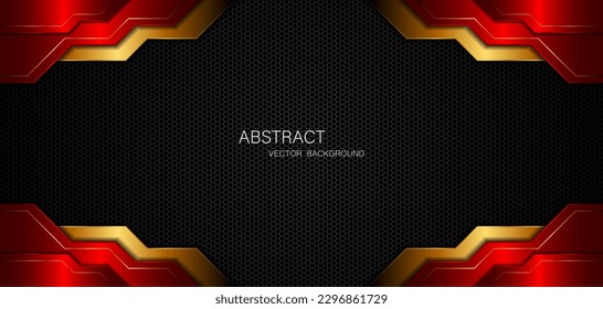 Abstract red and gold polygon with golden lines on dark steel mesh background with empty space for design. modern technology innovation concept background	