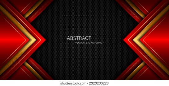 Abstract red and gold polygon with golden lines on dark steel mesh background with empty space for design. modern technology innovation concept background	