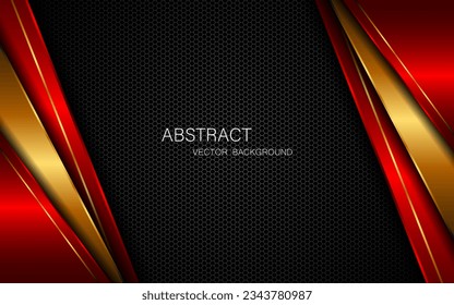 Abstract red and gold polygon with golden lines on dark steel mesh background with empty space for design. modern technology innovation concept background
