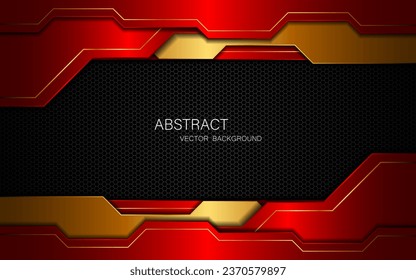 Abstract red and gold polygon with golden lines on dark steel mesh background with empty space for design. modern technology innovation concept background	