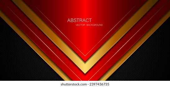 Abstract red and gold polygon with golden lines on dark steel mesh background with empty space for design. modern technology innovation concept background	