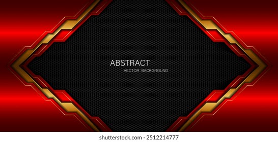 Abstract red and gold polygon with golden lines on dark steel mesh background with empty space for design. modern technology innovation concept background