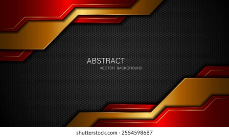 Abstract red and gold polygon with golden lines on dark steel mesh background with empty space for design. modern technology innovation concept background	