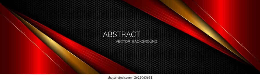 Abstract red and gold polygon with golden lines on dark steel mesh background with empty space for design. modern technology innovation concept background	