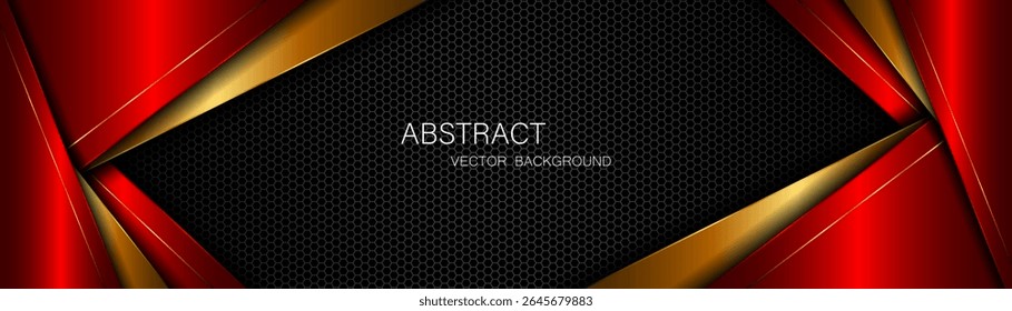 Polígono rojo y oro Abstractas con líneas doradas sobre fondo de malla de acero oscuro con espacio vacío para el diseño. fondo de concepto de innovación de tecnología moderna