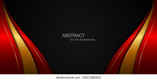 Abstract red and golden curves with golden lines on dark steel mesh background. with free space for design. modern technology innovation concept background