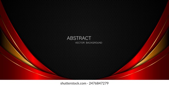 Abstract red and golden curves with golden lines on dark steel mesh background. with free space for design. modern technology innovation concept background