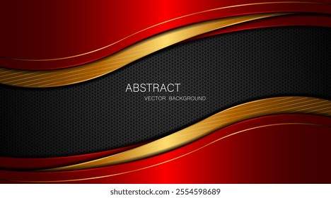 Abstract red and golden curves with golden lines on dark steel mesh background. with free space for design. modern technology innovation concept background	
