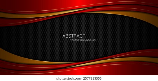 Abstract red and golden curves with golden lines on dark steel mesh background. with free space for design. modern technology innovation concept background	