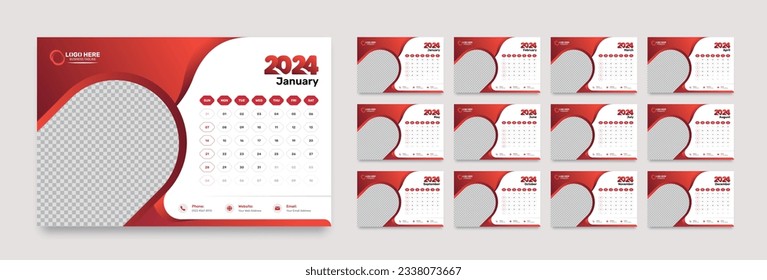 Resumen del color de gradiente rojo planilla del calendario corporativo de escritorio con formato de fecha precisa de 12 meses para el año 2024