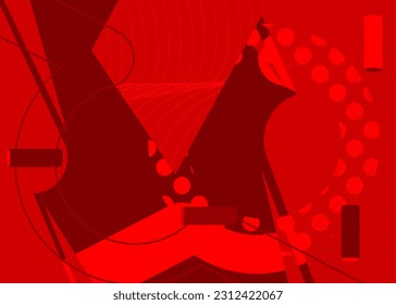 Abstract red graphic psychodelic background. Simple volumetric vector banner, poster. Vibrant busy geometrical shapes. Retro geometric cartoon art illustration.