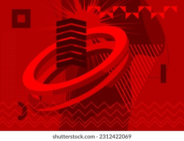 Abstract red graphic psychodelic background. Simple volumetric vector banner, poster. Vibrant busy geometrical shapes. Retro geometric cartoon art illustration.