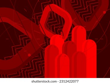 Resumen del fondo psicodélico gráfico rojo. Banner vectorial simple volumétrico, afiche. Formas geométricas vibrantes y ocupadas. Ilustración de dibujos animados geométricos retro.