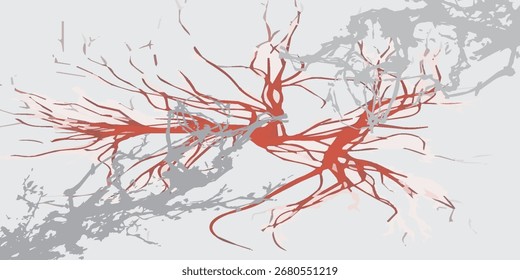 Abstract Red and Gray Branching Network, Intricate Organic Lines