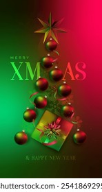 Abstract red and green Christmas tree with neon glow