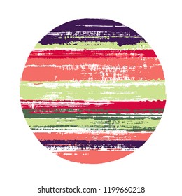 Abstract red green circle vector geometric shape with stripes texture of paint horizontal lines. Disk banner of old paint texture. Label round shape circle logo element with grunge stripes background.